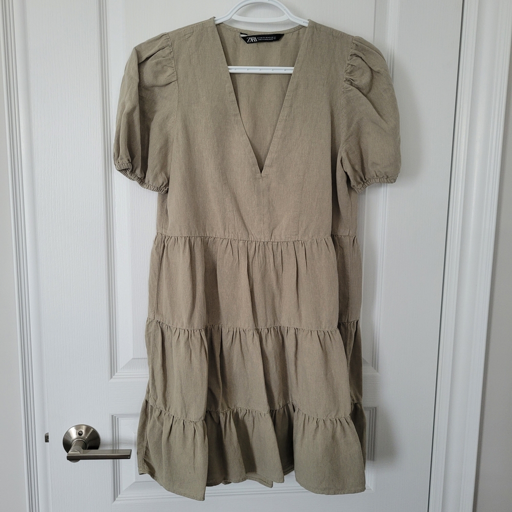 Zara Women's Beige Puff Sleeve Mini Dress